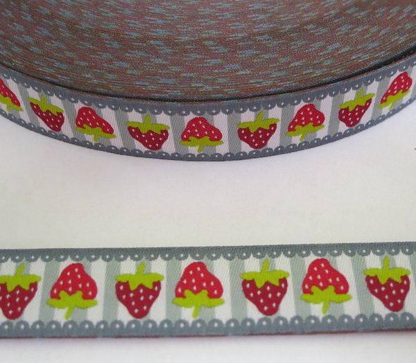 Webband  -  Erdbeere auf grau